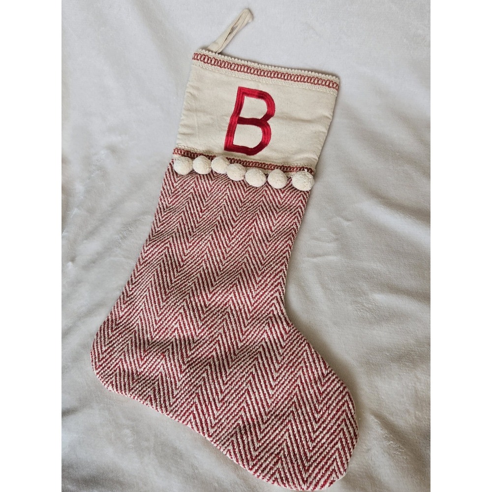 Drew DeRose‎ Monogram B Christmas Stocking Red Herringbone Pom Pom 20" Cotton